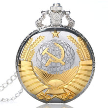 Load image into Gallery viewer, Retro USSR Soviet Badges Sickle Hammer Style Quartz Pocket Watch CCCP Russia Emblem Communism Unisex Necklace Chain Hours Clock