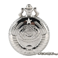 Load image into Gallery viewer, Retro USSR Soviet Badges Sickle Hammer Style Quartz Pocket Watch CCCP Russia Emblem Communism Unisex Necklace Chain Hours Clock